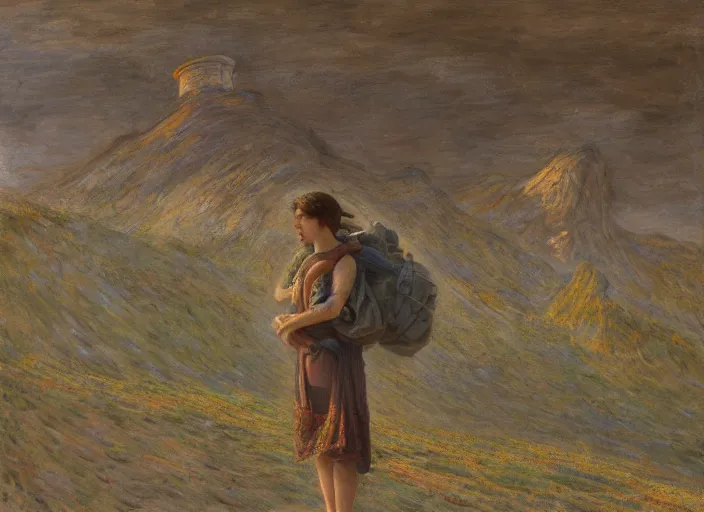 Image similar to people exterior future mountain figures, in the style of matt murphy, enes dirig, jeremy enecio, intricate, miles johnston, monet, cynical realism, john william godward, painterly, yoshitaka amano, miles johnston, louise zhang, matt murphy, enes dirig, pekka halonen, finnish naturalism, realism