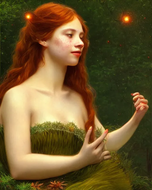 Image similar to a young woman, admiring the lights of golden fireflies, sitting in the midst of nature fully covered with a wonderful dress, long loose red hair, intricate details, green eyes, small nose with freckles, oval shape face, soft happy smile, realistic, expressive emotions, hyper realistic highly detailed art by albert bierstadt