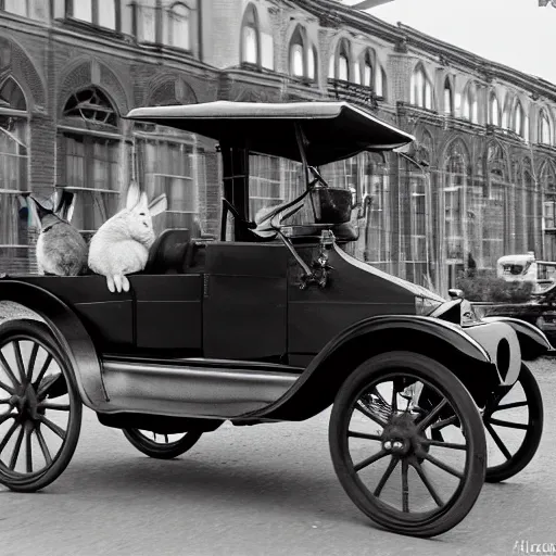 Prompt: a rabbit driving a model t ford, black and white photograph