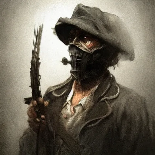 Image similar to a hyper realistic portrait painting of a hunter from hunt showdown videogame, creepy, backlight, silhuette, horror vibe, real, realistic lighting in the style of greg rutkowski, trending on artstation,