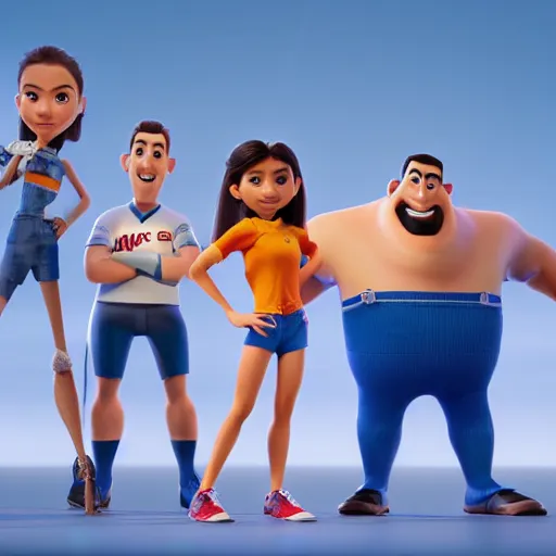 Prompt: young beautiful athletic Filipino woman with long hair standing beside a handsome caucasian athletic thin man with short buzzed hair, high widows peak, stubble on his face, blue eyes, depicted as Pixar characters, high quality cg render