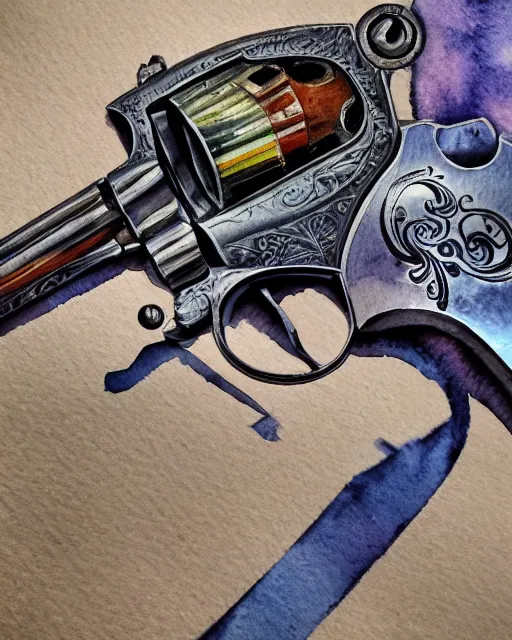 Image similar to realistic detailed revolver, watercolor, western, high production value, intricate details, high resolution, hyperrealistic, hdr, high definition, masterpiece, ultra realistic, highly detailed, hd, sharp focus, cinematic lighting, shaded, non blurry, sharp, smooth