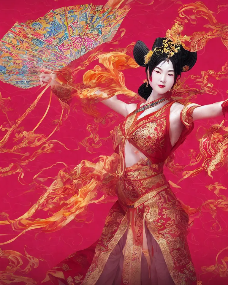 Image similar to a goddess in chinese mythological dance in the air, tang dynasty costume, silk streamers, gorgeous, tarot card, red background, unreal engine, artstation