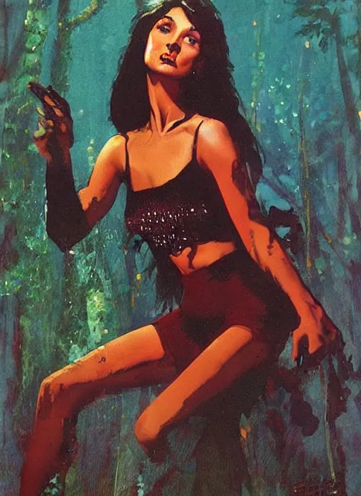 Image similar to seventies slim young horror actress, sequin top, dark forest, strong line, deep color, beautiful! coherent! by brom, by frank frazetta,