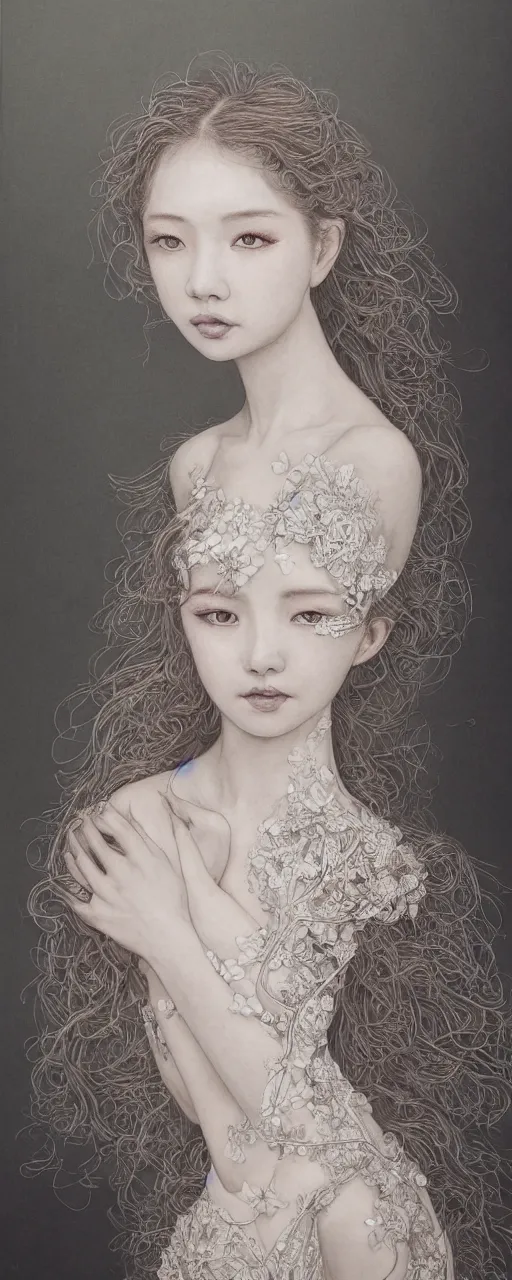 Prompt: A beautiful hyper realistic detailed studio portrait of a confident gorgeous female wearing an intricate dress by Miho Hirano and Muxxi|center framing, soft focus, vertical portrait, natural lighting, f2, 50mm, hasselblad, film grain, portrait lighting, light leaks|confident, alluring, seductive, attractive, beautiful, sensual, woman, by Alexandr AverinErguna