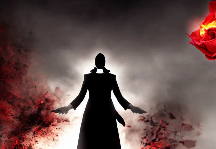 Image similar to low angle shot of a Woman made of black flames, wearing a strict business suit, with no face, with no mouth, with glowing red eyes, with a red halo over her head, with red halo, growing out of a giant rose, rose petals flying in the wind, war, authoritarian, tense, madness combat, strong dramatic cinematic lighting , blood red sky, grey skin, smooth, sharp focus, extremely detailed, illustration, digital painting, artstation, museum, sharp focus, by Godmachine and Caravaggio