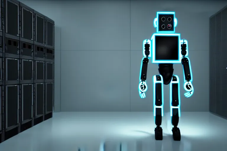 Image similar to full body robot with human mask, background is data server room, neon and dark, illumination ray tracing hdr render in unreal engine 5