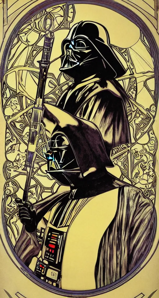 Prompt: Darth Vader , art nouveau by Alphonse Mucha