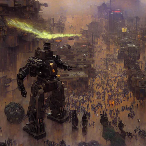 Image similar to six meters tall mech fighting in an urban environment, epic action scene, by gaston bussiere craig mullins jc leyendecker gustav klimt artgerm greg rutkowski john berkey, bergey, craig mullins, ruan jia, raymond swanland, jeremy mann, tom lovell, alex malveda, shadow ray casting, bump mapping