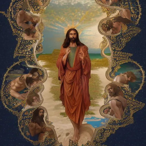 Image similar to an extremely detailed illuminated manuscript of a ridiculously good looking jesus that looks like a jewish gigachad with his 1 2 apostle entourage, long curly hair, elegant ancient greek dress, very detailed, windy beach, beautiful, intricate, cinematic, artstation, william bouguereau, alphonse mucha, greg rutkowski, rossdraws, octane render