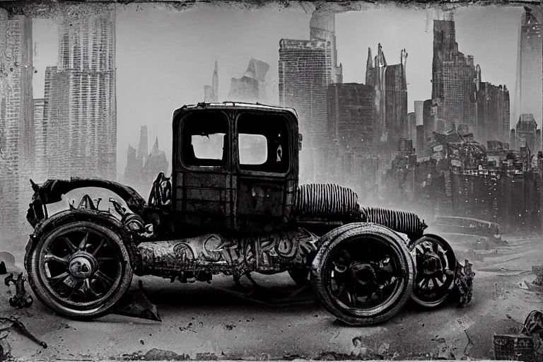 Prompt: cyberpunk 1 9 0 8 model ford t by paul lehr, jesper ejsing, metropolis, mad max, parked by view over city, vintage film photo, robotic, damaged photo, scratched photo, scanned in, old photobook, silent movie, black and white photo