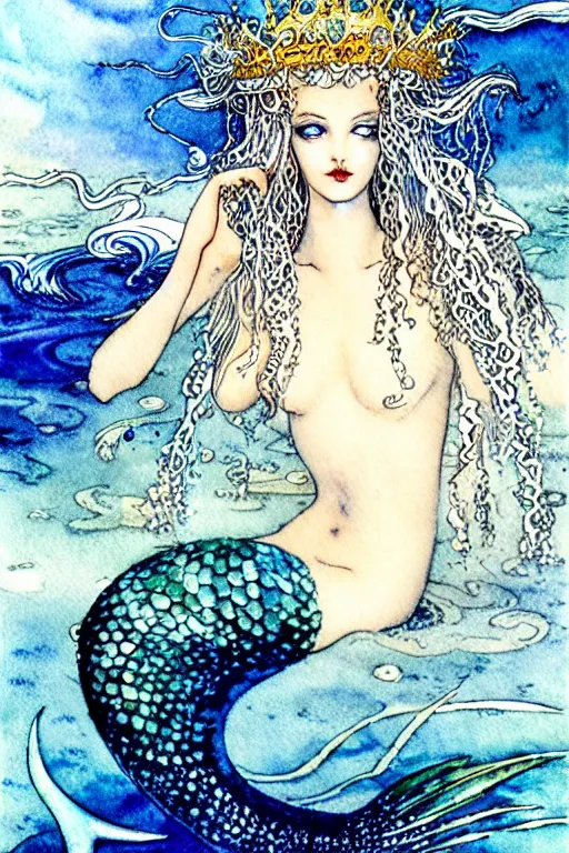 Prompt: mermaid queen closeup face surrounded by swirling water, art by luis royo and walter crane and kay nielsen, watercolor illustration, sharp focus