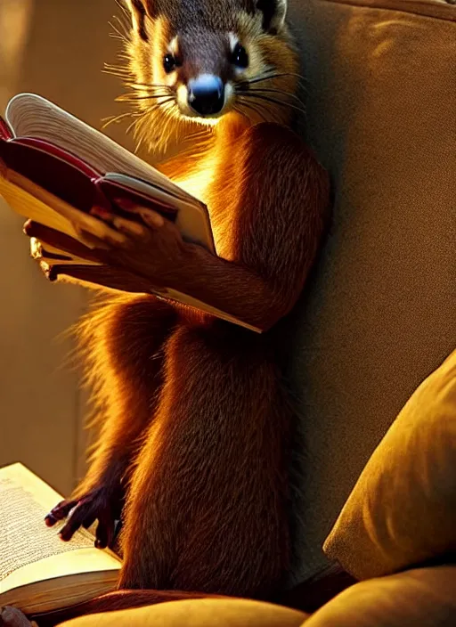 Prompt: A beautiful scene from a 2022 fantasy film featuring a humanoid pine marten wearing loose clothing reading on a couch. An anthropomorphic pine marten. Golden hour.