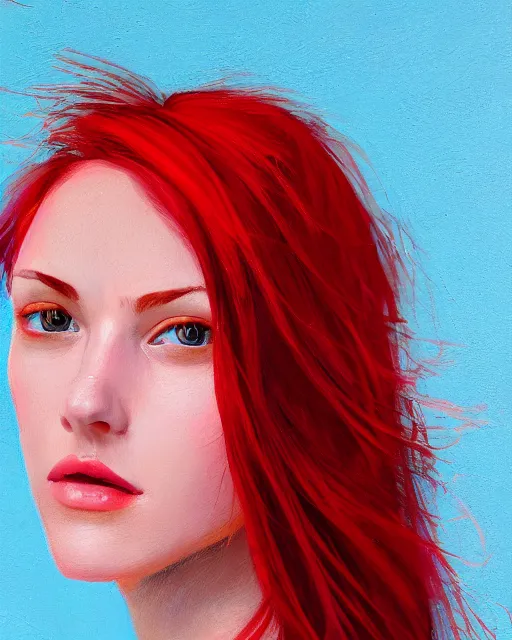 Prompt: a head and shoulder portrait of a beautiful woman with red hair, painted in the colorful style of Kotwdq, trending on Artstation, 8k, photorealistic, hyper detailed, unreal engine