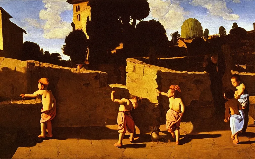 Prompt: children playing near a wash house in a medieval village at sunset orange light realist painting caravaggio