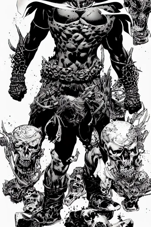 Prompt: A full body portrait of a new antihero character standing on skulls art by Marc Silvestri and Jim Lee, trending on artstation, ominous, mysterious