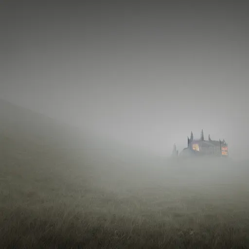 Prompt: a haunted castle barely visible through the fog, digital art, scary