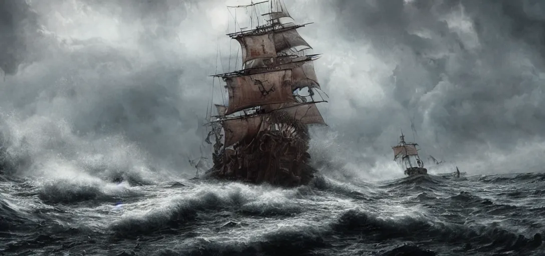 Image similar to wild ocean storm, old wooden pirate ship gets pulled down by giant kraken, appearing from fog, mist, dramatic lighting, cinematic, establishing shot, extremly high detail, foto realistic, pirates of the carribean, cinematic lighting, post processed, concept art, artstation, matte painting, style by eddie mendoza, raphael lacoste, alex ross