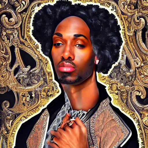 Image similar to hyperdetailed maximalist elaborate half - lenght portrait of a futuristic a beautiful black man, wearing long clothing. rococo architecture, in the style of modigliani and mixed media collage. matte background hd 8 x