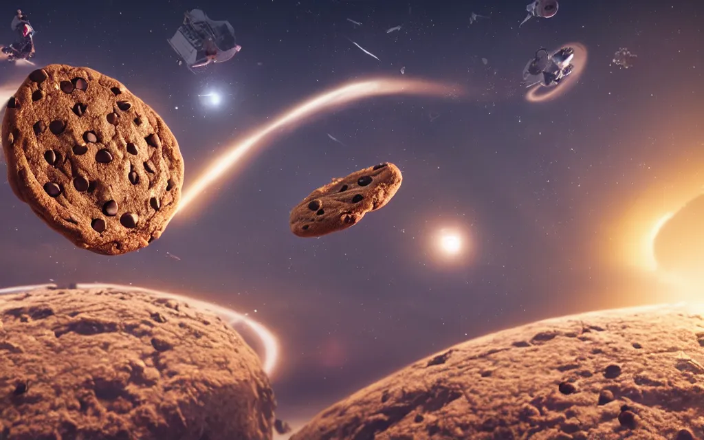 Prompt: A highly detailed 4k render of a gigantic chocolate chip cookie drifting through space towards planet earth, CGSociety, ArtStation, Unreal Engine