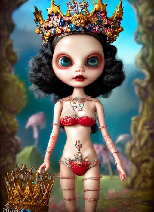 Image similar to highly detailed closeup, profile portrait of a tin toy goth fairytale princess wearing a crown, bikini, unreal engine, nicoletta ceccoli, mark ryden, earl norem, lostfish, global illumination, detailed and intricate environment
