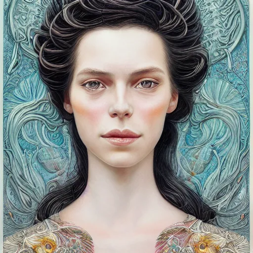 Image similar to facial portrait of a young pretty woman in flowing dress, arrogant, mysterious, long fine flowing hair, delicate, looking at camera, slightly awkward smile, realistic face, hands behind back, intricate, stylish, elegant, grimdark fantasy, flowers, extremely detailed painting by Martine Johanna and Ernst Haeckel and Greg Rutkowski