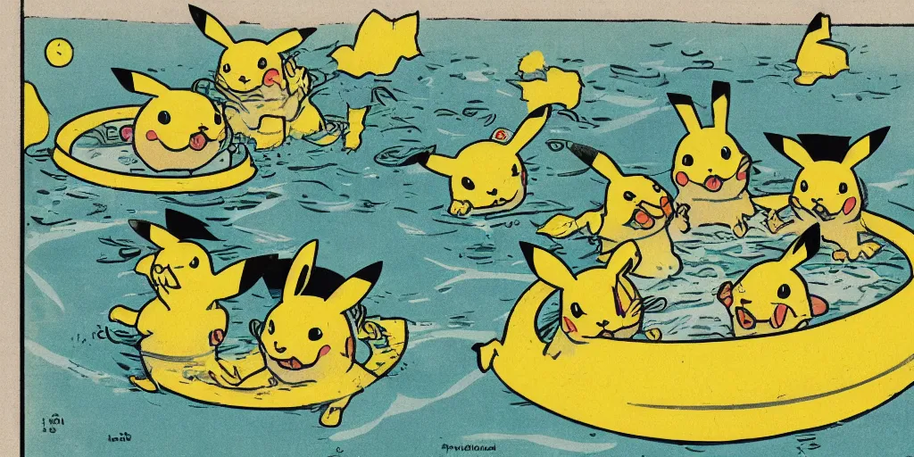 Prompt: a flat illustration of several pikachus swimming in a wide pool together, vaudevillian, from 1890, nostalgic, detailed, vignette, high quality scan, yellow and green