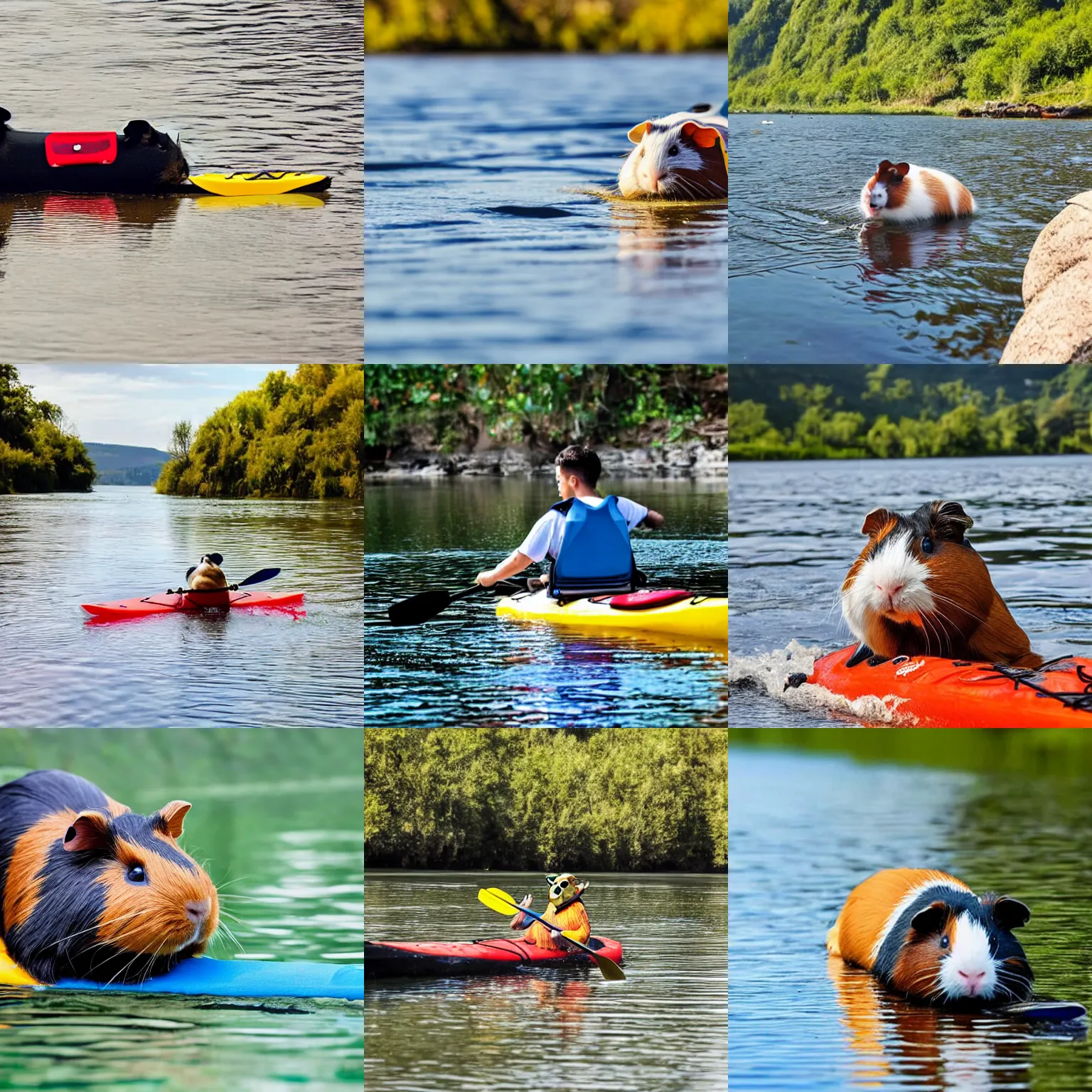 Prompt: A guinea pig paddling a kayak on a calm river