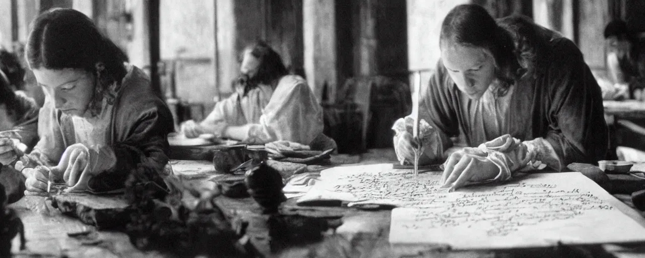 Image similar to leonardo da vinci studying spaghetti, note taking, small details, intricate, canon 8 0 mm, cinematic lighting, wes anderson film, kodachrome