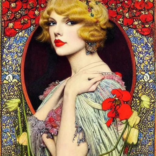 Prompt: taylor swift is a beautiful blonde young woman wearing an elaborate jeweled headdress with poppies dreamlike portrait by frank cadogan cowper, carlos schwabe, william morris, edmund dulac, and alphonse mucha, beautiful refined hyperdetailed dreamscape