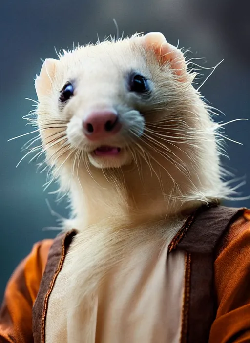 Image similar to a beautiful closeup shot from a fantasy film of a humanoid ferret wearing a loose tunic. an anthropomorphic ferret. portrait. anton nazarenko.