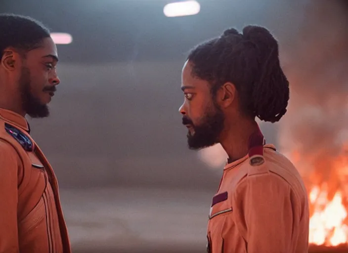 Image similar to first official image from paul thomas anderson's new space opera film starring lakeith stanfield and grimes. shot on alexa mini, stunning cinematography, filmgrain, kodak vision 2 0 0 t, shot composition