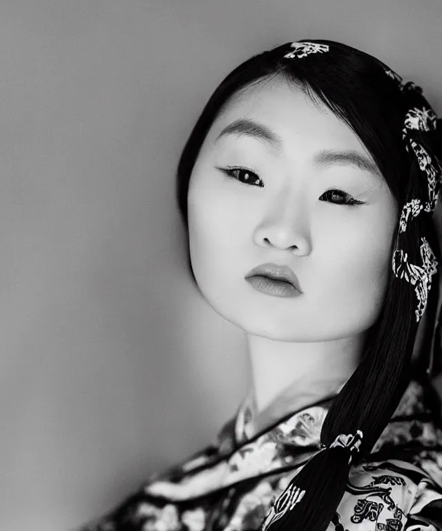 Prompt: a modern black and white film photograph shot on kodak 4 0 0 tx, portrait of one!! very beautiful and young japanese woman wearing a traditional kimono with a very ornate pattern of cranes, her hair is tied above her head, the scene is shot on a canon 8 5 mm f / 1. 4 in a studio setting with dramatic and cinematic lighting