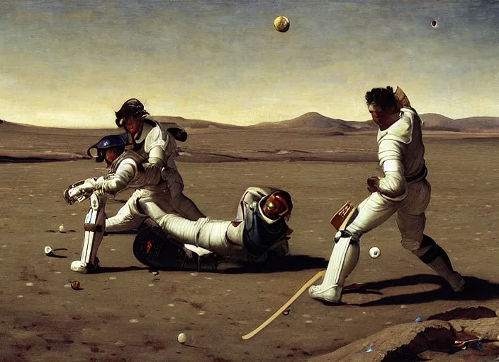 Image similar to a cricket match on the moon by edgar maxence and caravaggio and michael whelan and delacroix style, artistic, intricate painting, cinematic lighting, hyper realistic, extremely detailed, establishing shot, 8 k resolution, dramatic lighting