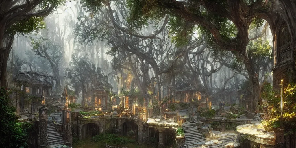 Prompt: A wide open courtyard in a beautiful elven city made of crystal, dreamy, lush trees, fountain, a fantasy digital painting by Greg Rutkowski and James Gurney, trending on Artstation, highly detailed