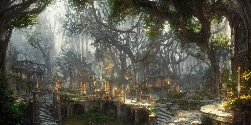 Image similar to A wide open courtyard in a beautiful elven city made of crystal, dreamy, lush trees, fountain, a fantasy digital painting by Greg Rutkowski and James Gurney, trending on Artstation, highly detailed