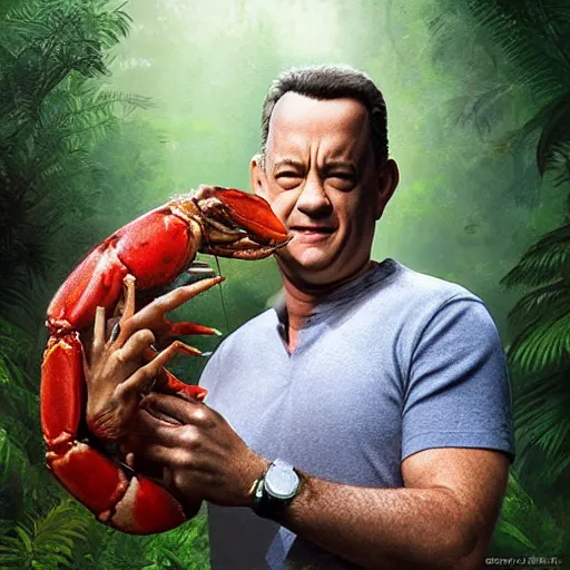 Image similar to Tom Hanks as forrest gump hugging a giant shrimp in the jungle, realistic digital painting, in the style of Aleksi Briclot, photoreailstic, realistic face, amazing detail, sharp