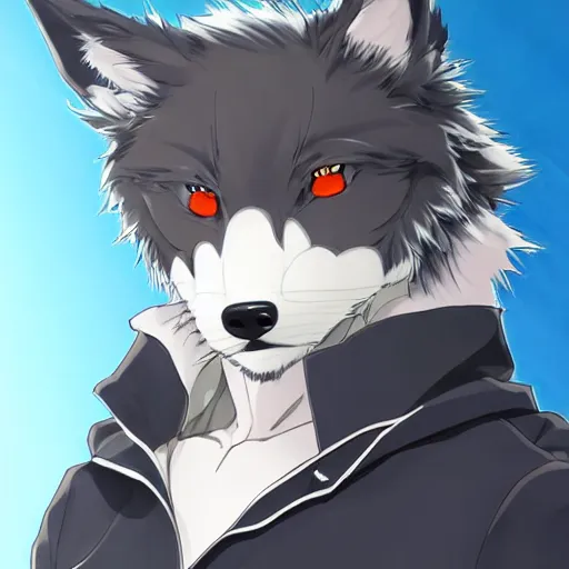 Image similar to key anime visual portrait of an anthropomorphic anthro wolf fursona, in a jacket, with handsome eyes, official modern anime art