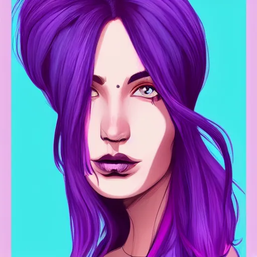 Image similar to a stunning upper body portrait of a beautiful woman with ombre purple and pink hair blowing in the wind by marvel comics, digital art, trending on artstation