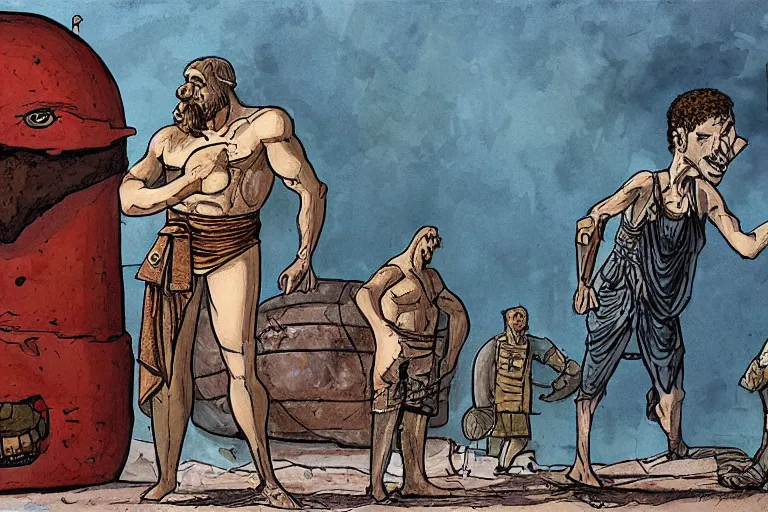 Prompt: odysseus presenting a wine flask to the giant cyclops by enki bilal