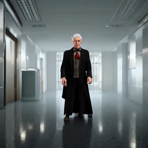 Prompt: Ian McKellen dressed as a dark wizard, standing in lobby of office building, style of GTA V, octane render