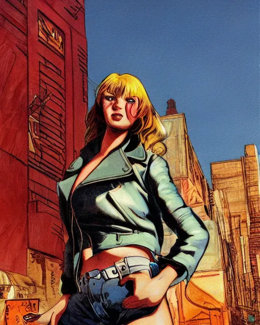 Image similar to young female protagonist in leather jacket, city street, artwork by ralph bakshi