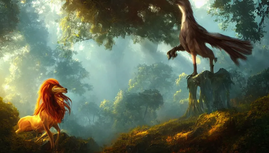 Image similar to A beautiful painting of a griffin in a magical forest, ray traced sun light, by Cindy Avelino and Kalin Popov , Trending on artstation HD.