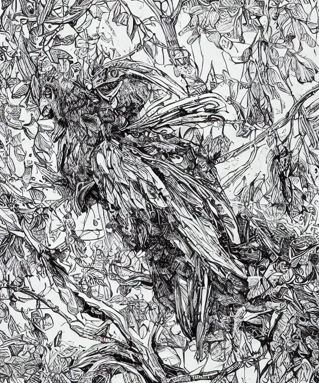 Prompt: a spot illustration of an undead parrot by john blanche, ian miller, karl kopinski, aeron alfrey, highly detailed, black micron pen, black and white, vignette illustration, white background