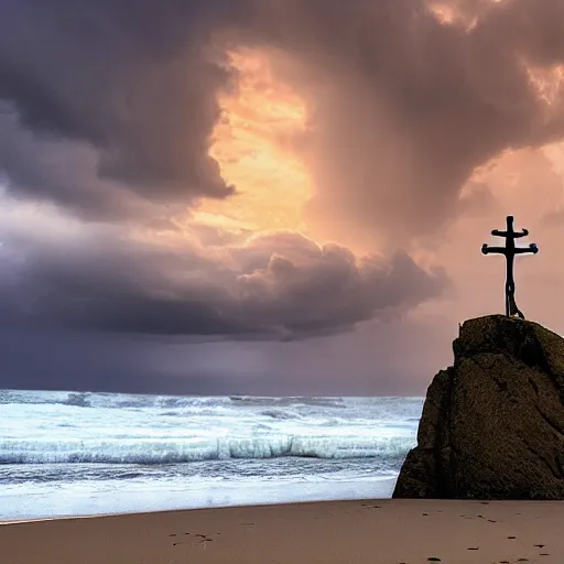 Image similar to a highly detailed tarot card of a large cross standing on the beach as a storm comes in with the tide, woman sitting in the sand watching the ocean, epic fantasy, god rays, rocky beach, ultrawide lense, aerial photography, unreal engine, exquisite detail, 8 k, art by albert bierstadt and greg rutkowski and jeong seon