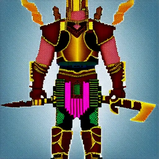Prompt: warrior wearing heavy plate armor and holding a giant sword, pixel art, vibrant colors,