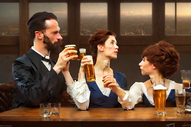 Image similar to portrait painting of wright brothers drinking beer together, ultra realistic, concept art, intricate details, serious, highly detailed, photorealistic, octane render, 8 k, unreal engine. art by artgerm and greg rutkowski and alphonse mucha