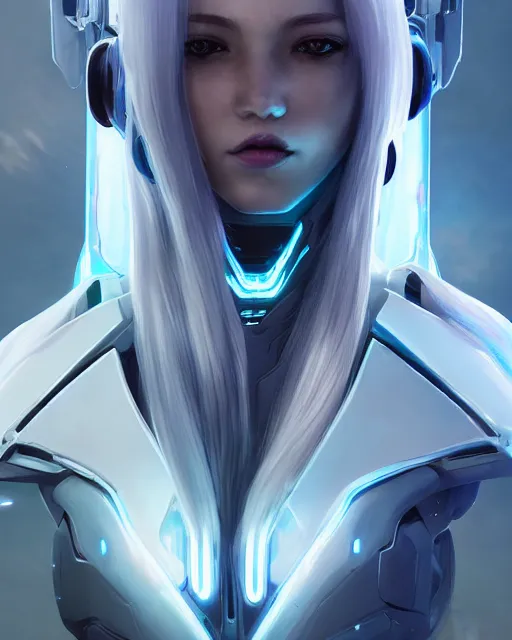 Image similar to perfect android girl on a mothership, warframe armor, beautiful face, scifi, futuristic, galaxy, nebula, raytracing, dreamy, long white hair, blue cyborg eyes, sharp focus, cinematic lighting, highly detailed, artstation, divine, by gauthier leblanc, kazuya takahashi, huifeng huang