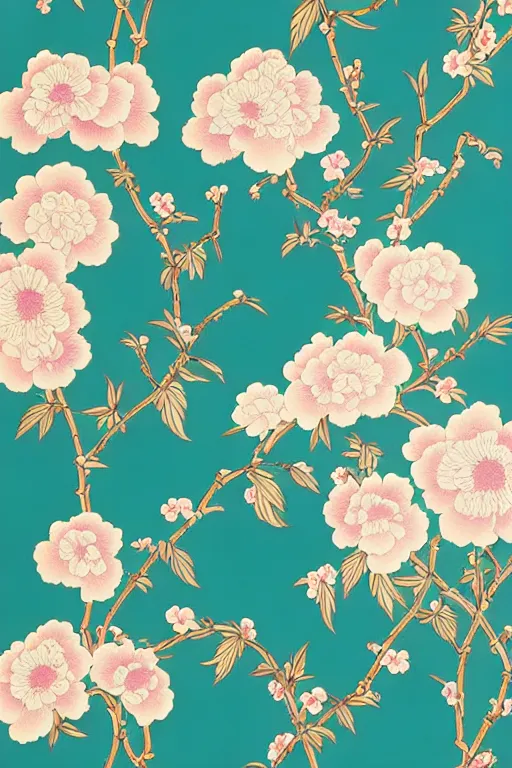 Prompt: Chinoiserie floral wallpaper by James Jean, victo ngai, tom whalen