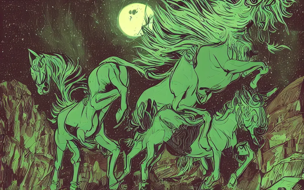 Prompt: very detailed, prophet graphic novel, ilya kuvshinov, mcbess, rutkowski, simon roy, illustration of an green alien horse, wide shot, colorful, deep shadows, astrophotography, award winning